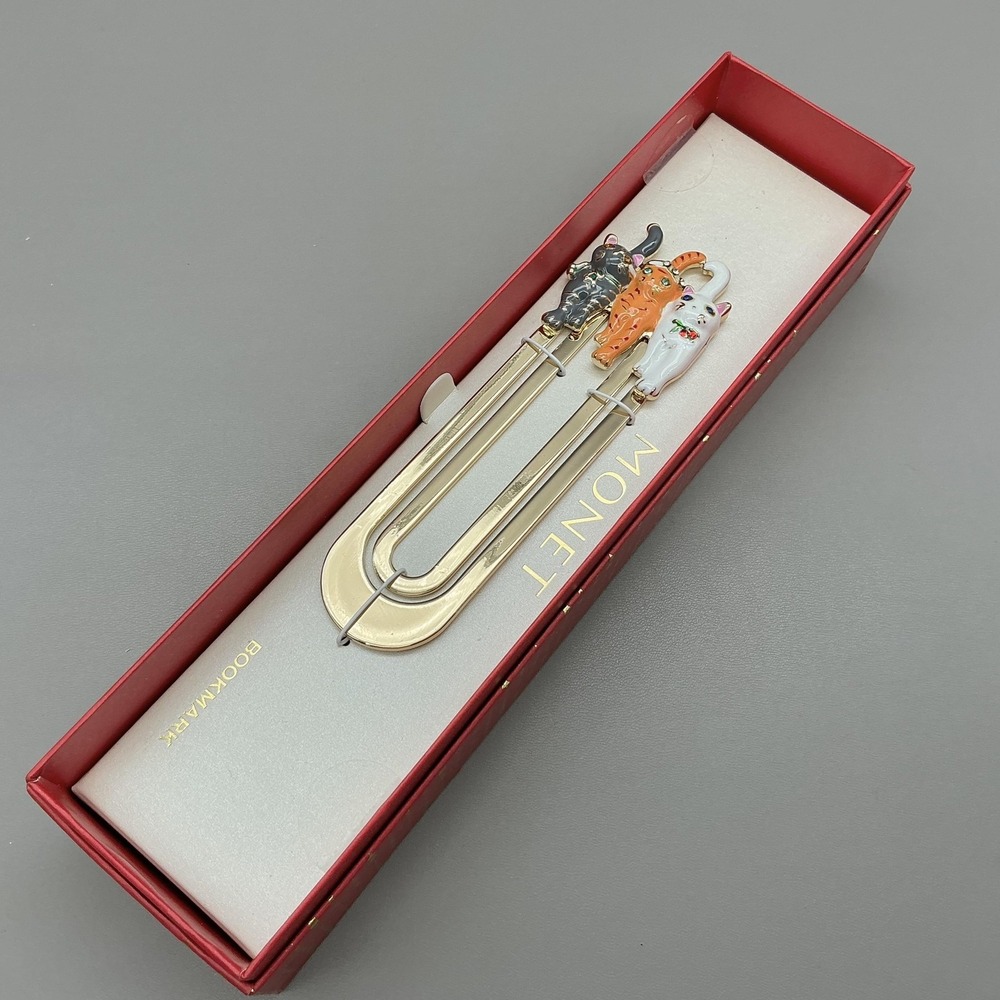 Monet Bookmark Cat Trio Enamel Charms Gold Tone‎ Metal With Gift Box Women